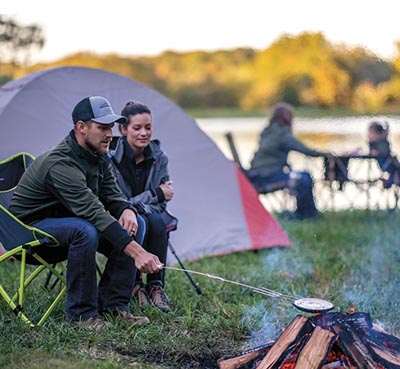 Family using rented shelters at a campground