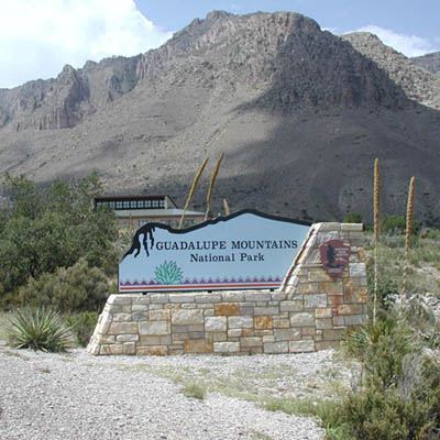 Entrance monument sign at Guadalupe Mountains National Park