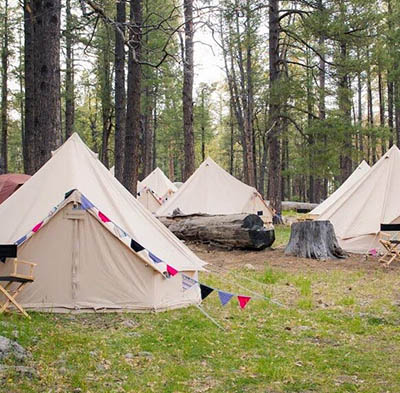 Multiple rented canvas shelters set up for a group event