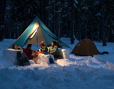 Rental shelter used for winter camping conditions