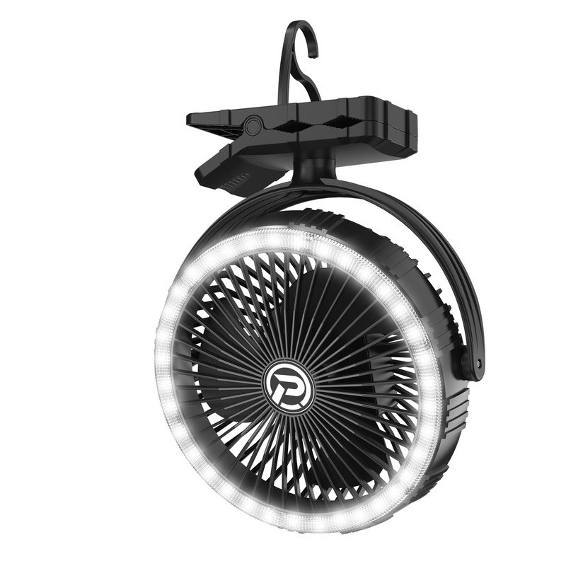 Portable rechargeable battery operated fan for camping